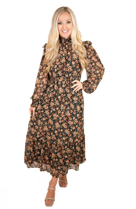 Black Floral Midi Dress