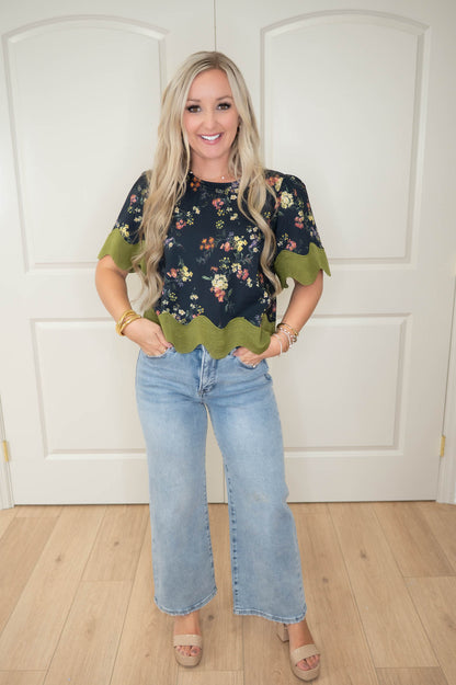 Midnight Meadow Scalloped Top
