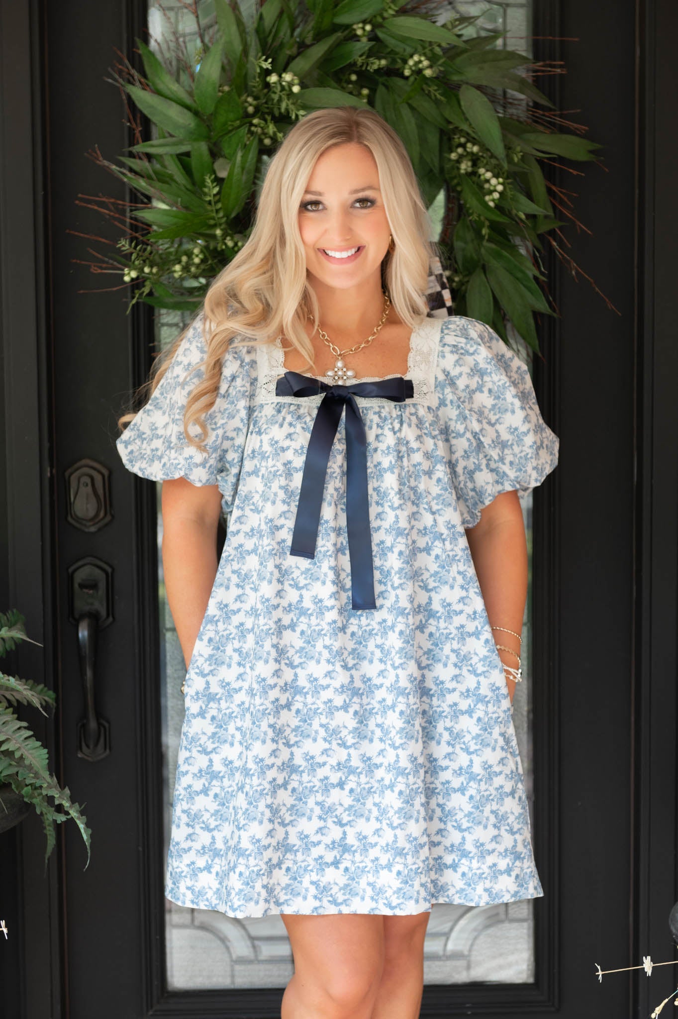 Blue Floral Bubble Sleeve Mini Dress