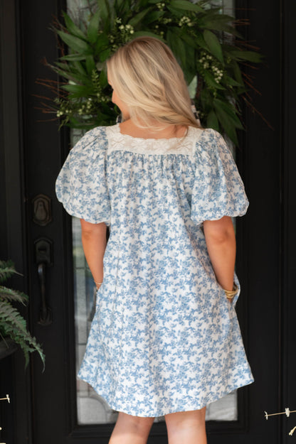 Blue Floral Bubble Sleeve Mini Dress