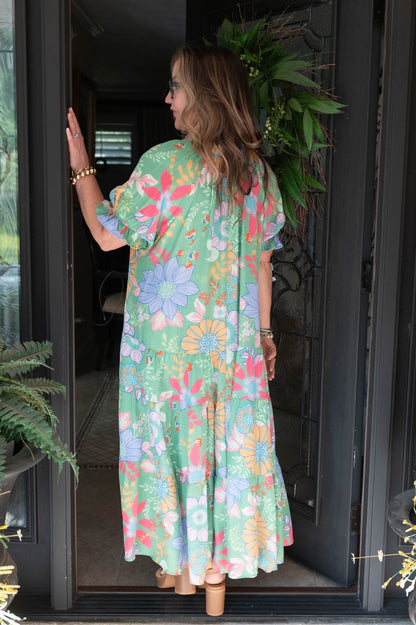 Apple Green Printed Blossom Maxi Dress