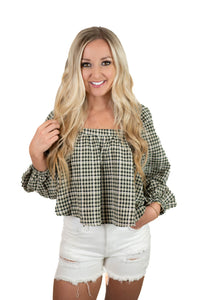 Black Gingham Square Neck Top