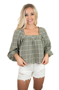 Black Gingham Square Neck Top