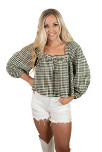 Black Gingham Square Neck Top