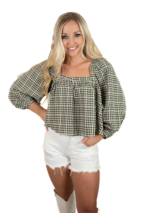 Black Gingham Square Neck Top