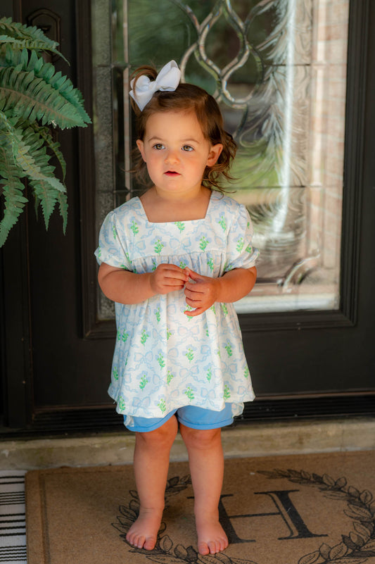 Green/Blue Floral Bow Shorts Set