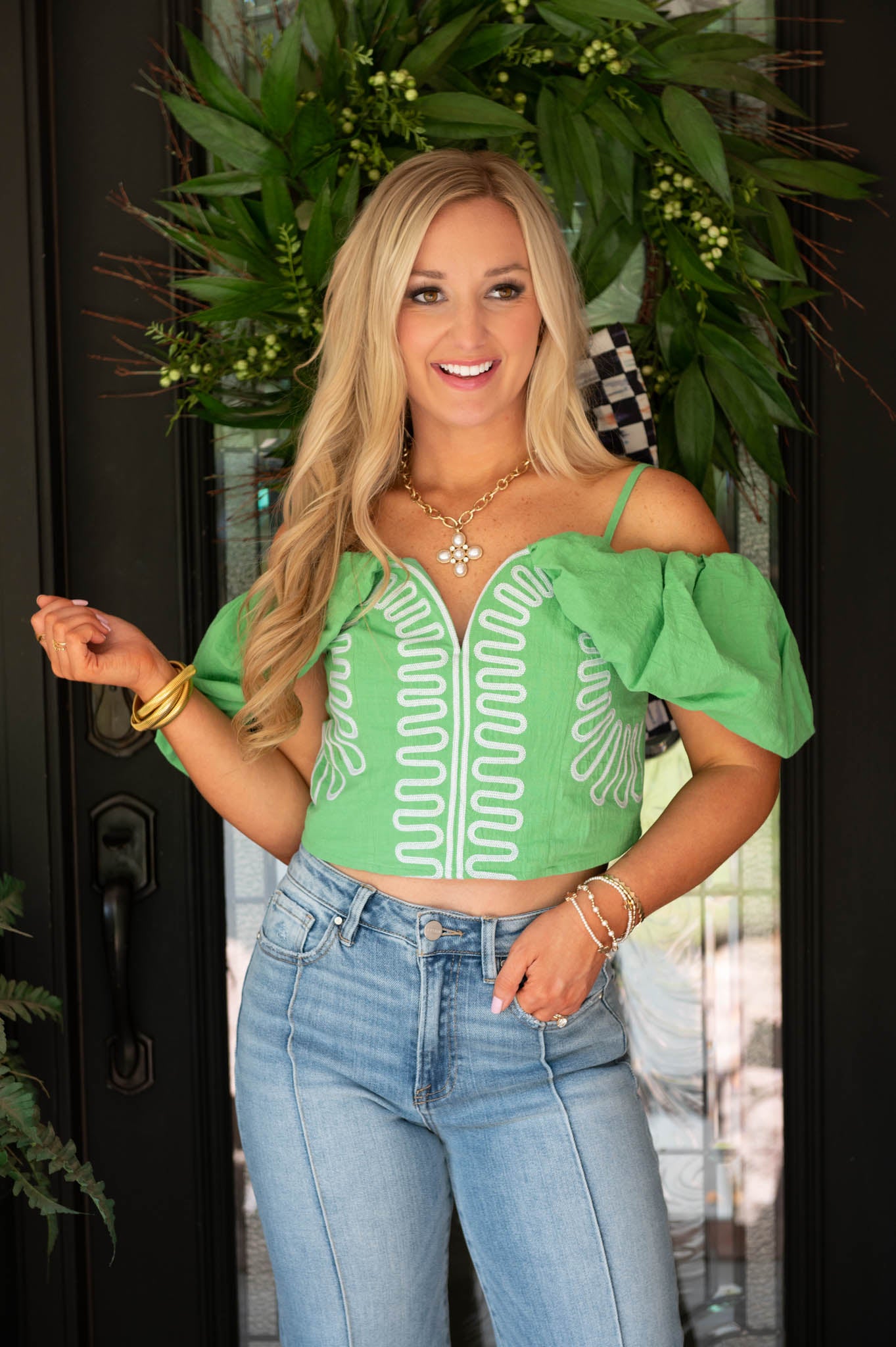Green Embroidered Off Shoulder Top