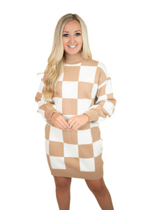 Taupe Checker Sweater Dress