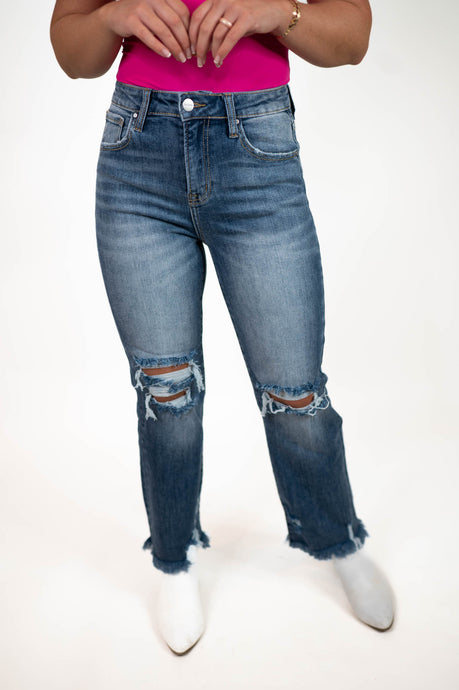 Risen- High Rise Distressed Straight Jeans