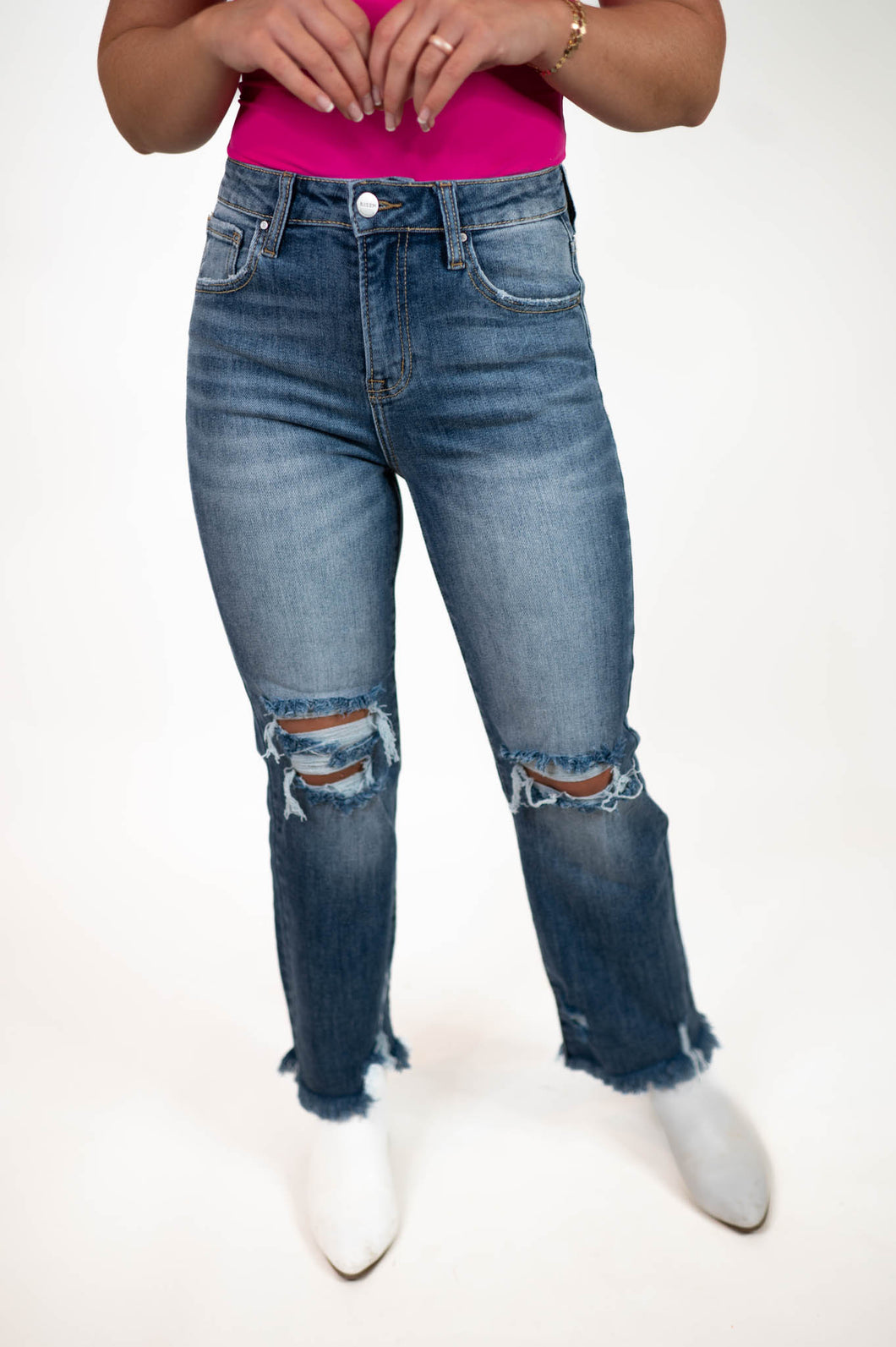 Risen- High Rise Distressed Straight Jeans