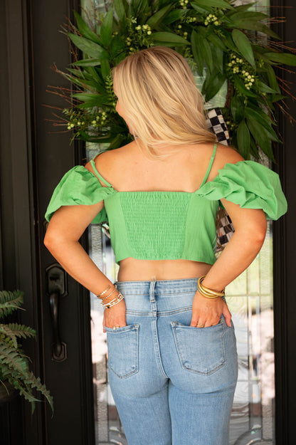 Green Embroidered Off Shoulder Top