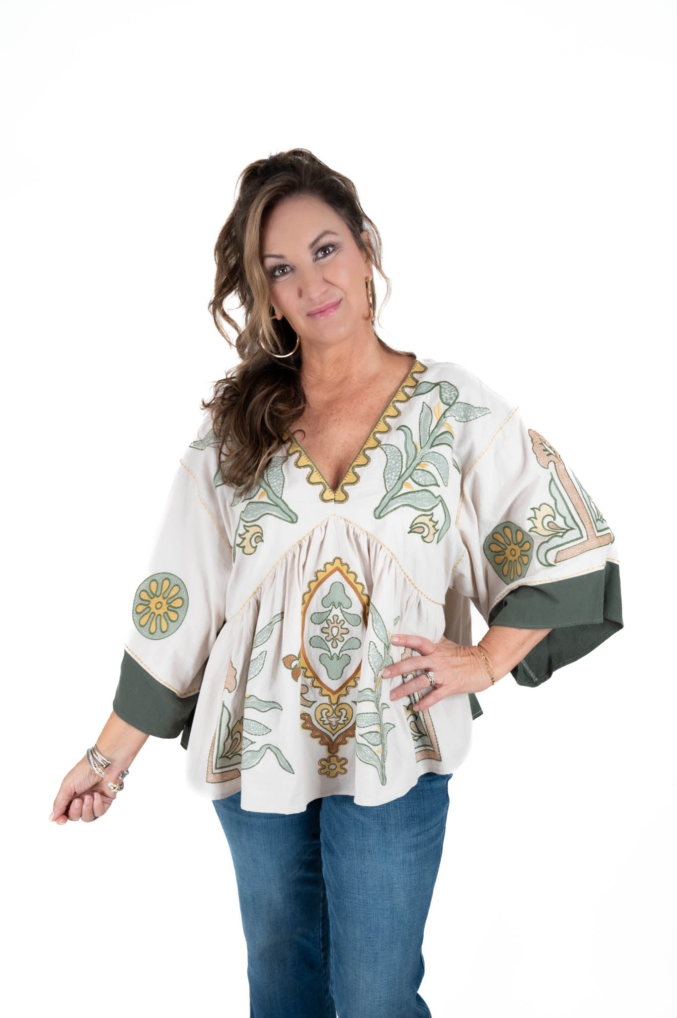 Taupe/Olive Embroidered V Neck Top
