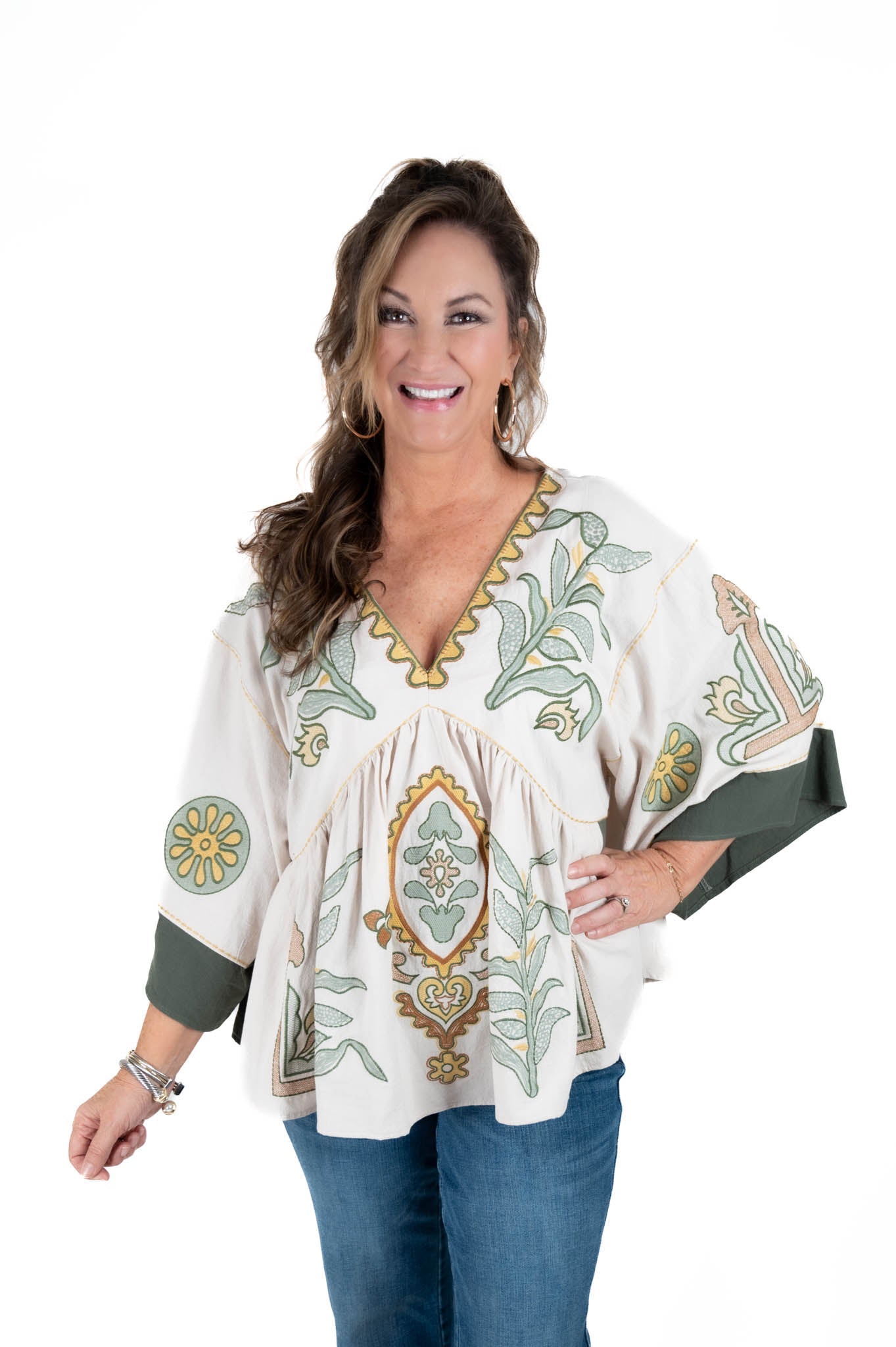 Taupe/Olive Embroidered V Neck Top