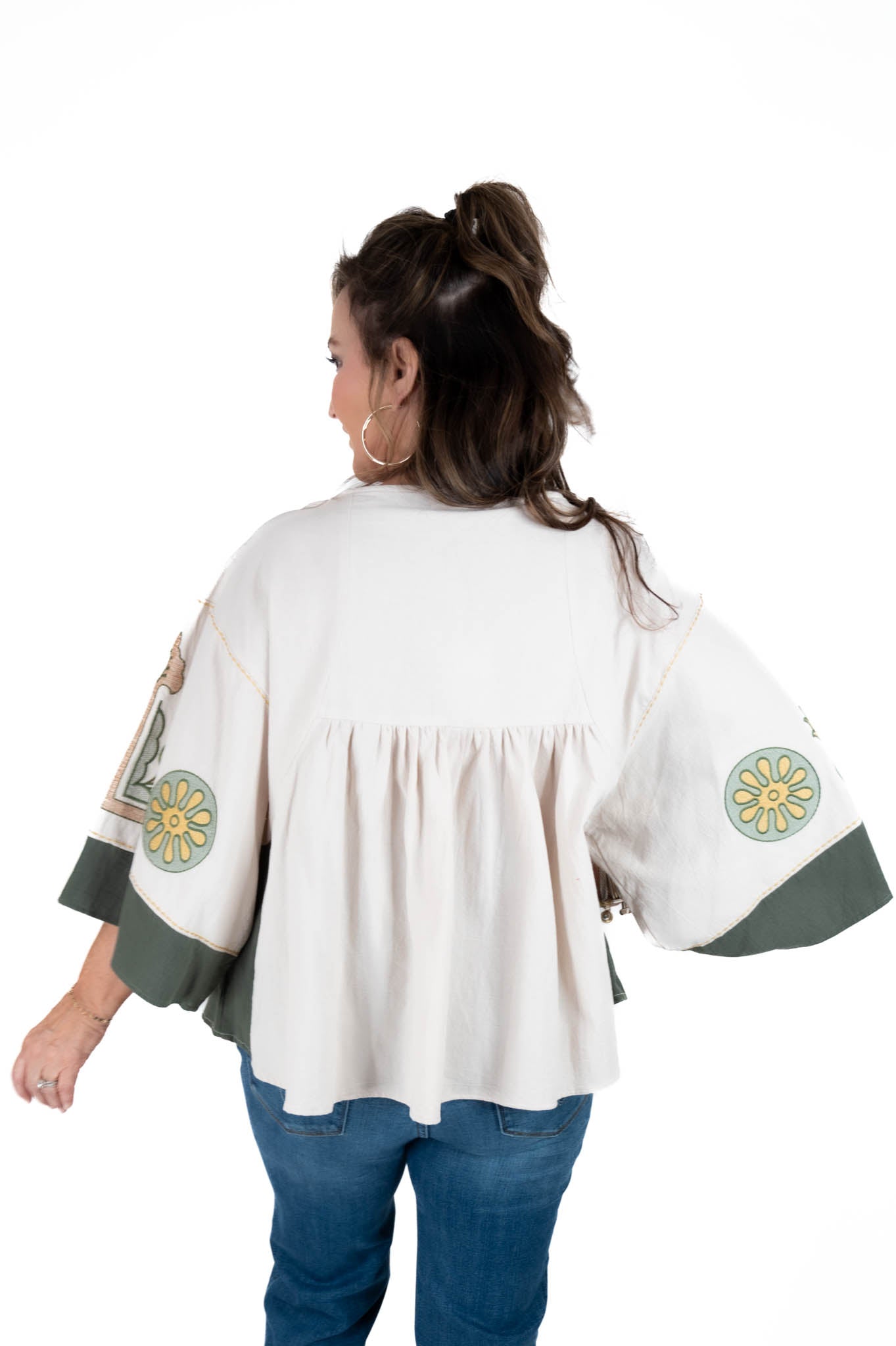 Taupe/Olive Embroidered V Neck Top