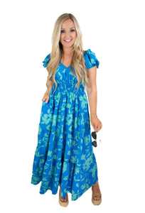 Azure Blossom Breeze Maxi Dress