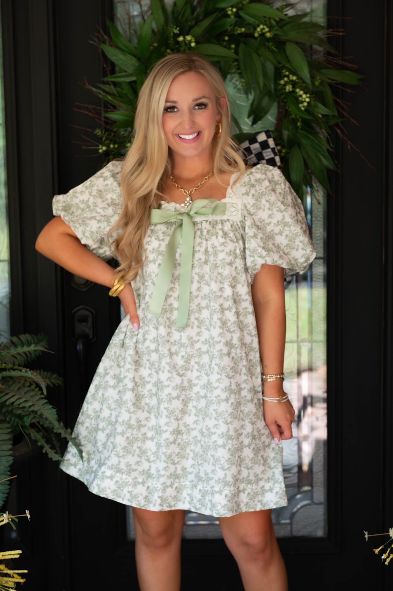 Sage Green Floral Bubble Sleeve Mini Dress