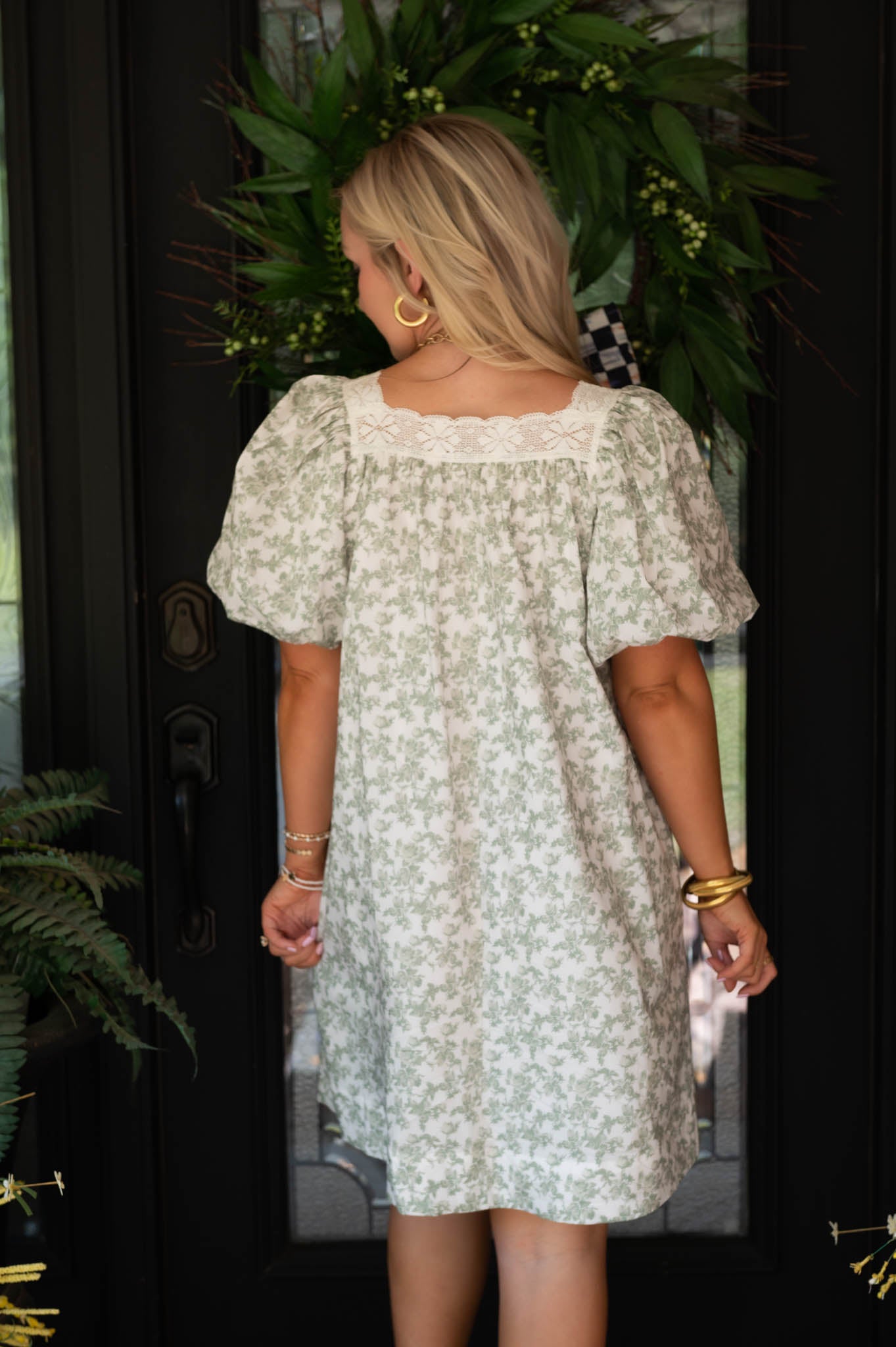 Sage Green Floral Bubble Sleeve Mini Dress