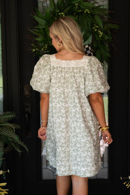 Sage Green Floral Bubble Sleeve Mini Dress