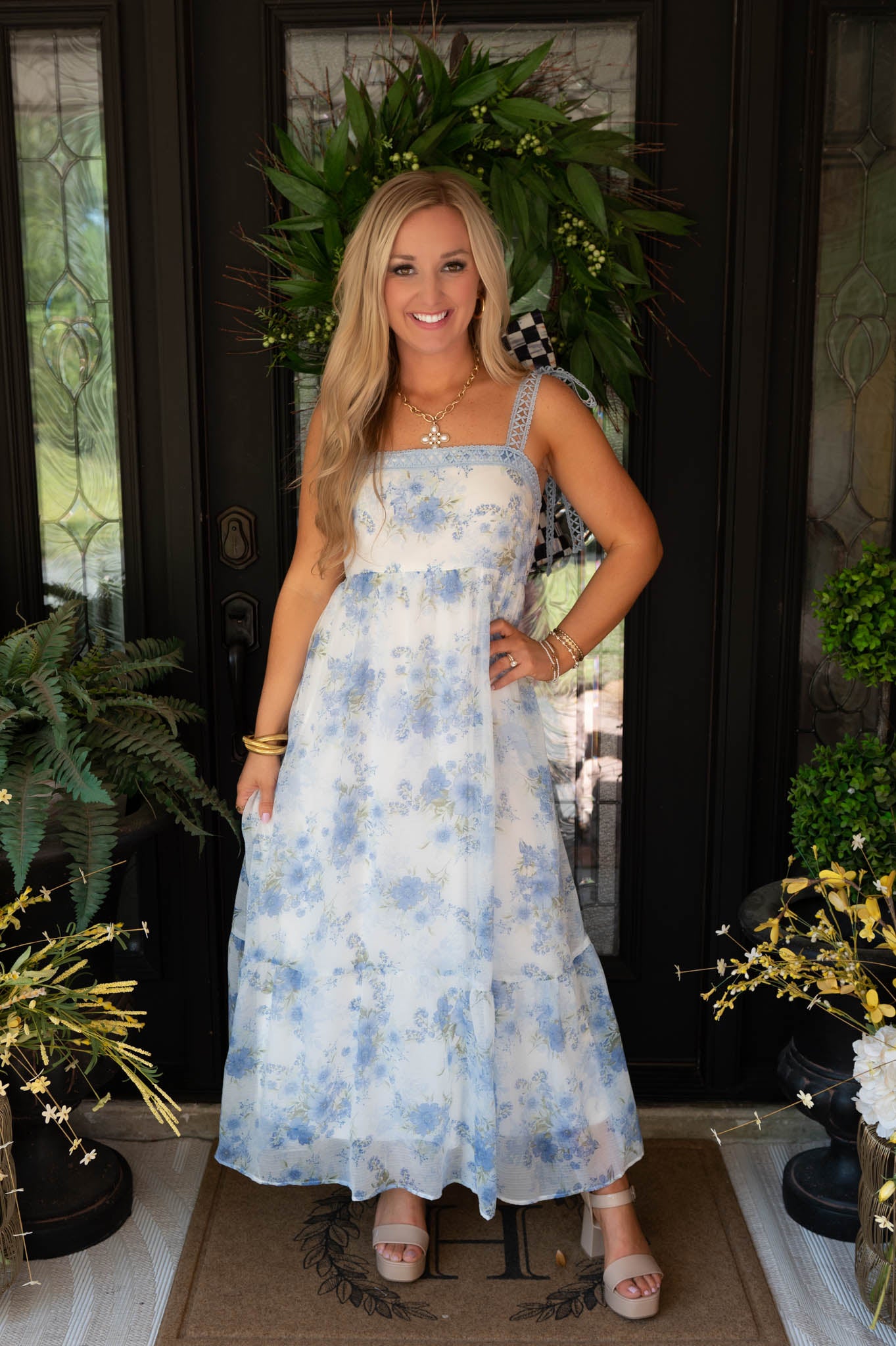 Blue Floral Crochet Strap Maxi