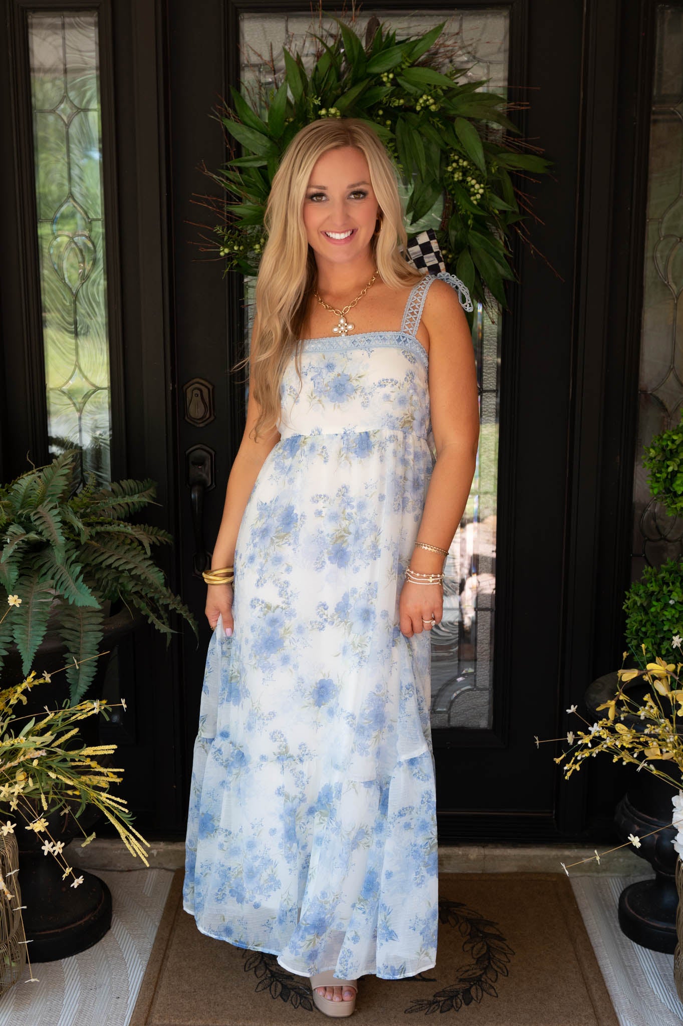 Blue Floral Crochet Strap Maxi
