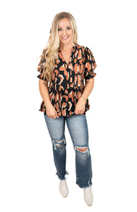 Black Leopard V Neck Top