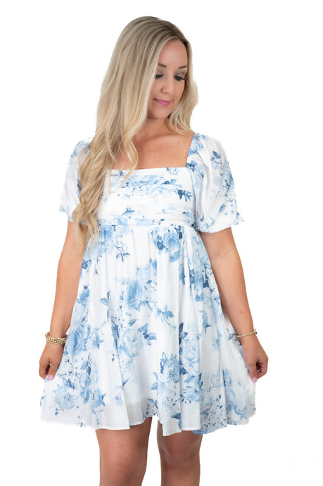 Give It A Go White/Blue Babydoll Dress