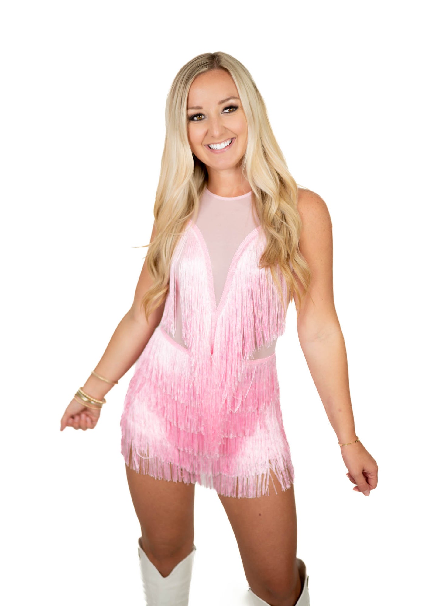 Pink Mesh Fringe Romper