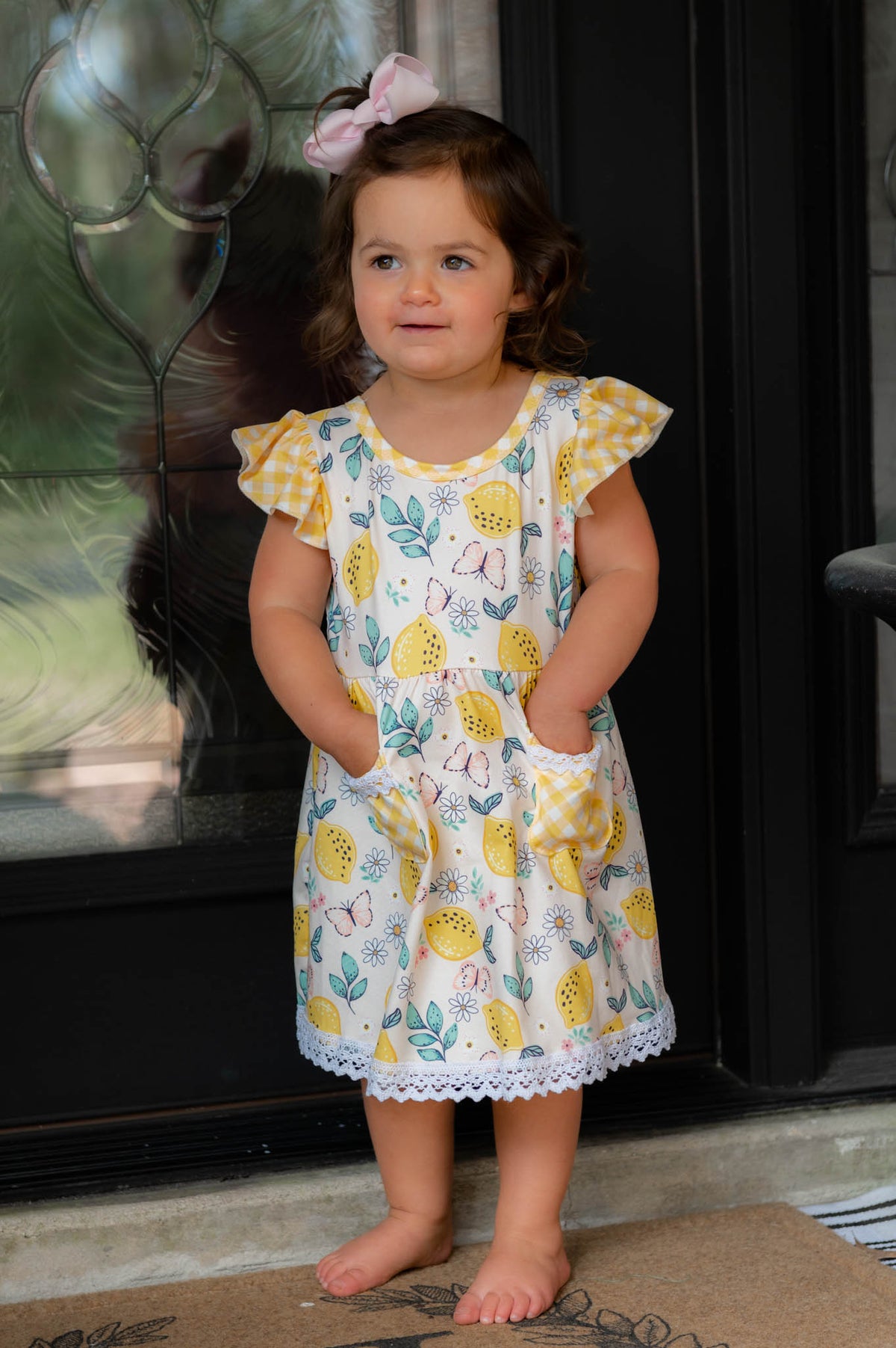 lemon dress black Print Ruffle – The Pearl Boutique SpringCollection2024 Modest Black Chiffon Floral yet it is so Size:9-10 Years (150cm)