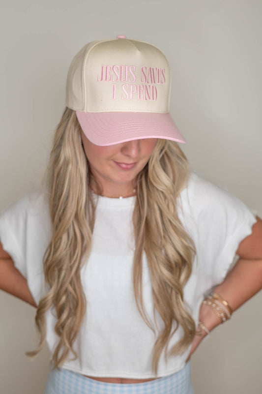 Jesus Saves I Spend Light Pink Embroidered Hat
