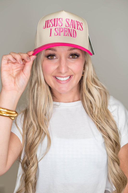 Jesus Saves I Spend Pink Embroidered Hat