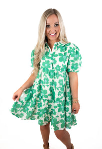 Just A Memory Kelly Green Floral Puff Sleeve Dress