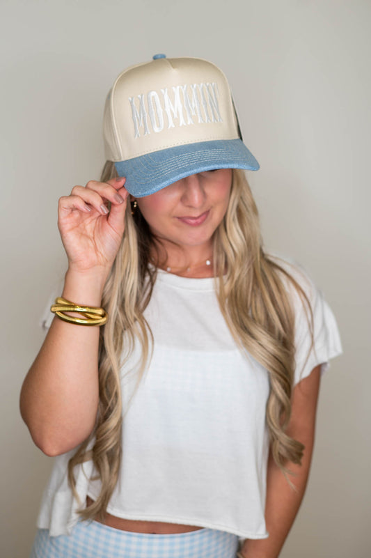 MOMMIN' Denim Embroidered Hat