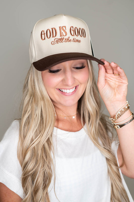 God Is Good All The Time Brown Embroidered Hat