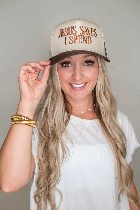 Jesus Saves I Spend Brown Embroidered Hat