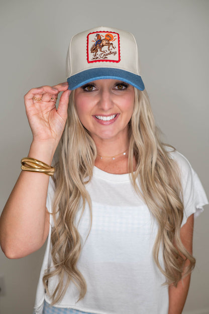 Detailed Cowboy Horse Embroidery Patch Dark Denim Cap