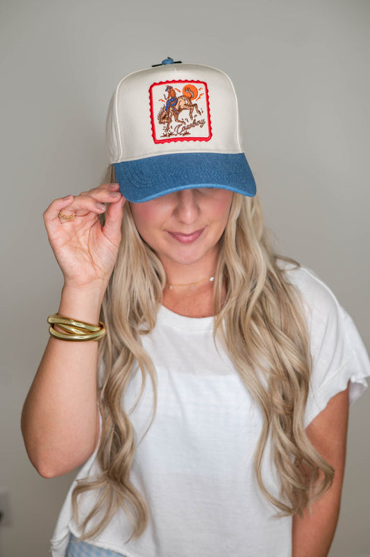Detailed Cowboy Horse Embroidery Patch Dark Denim Cap