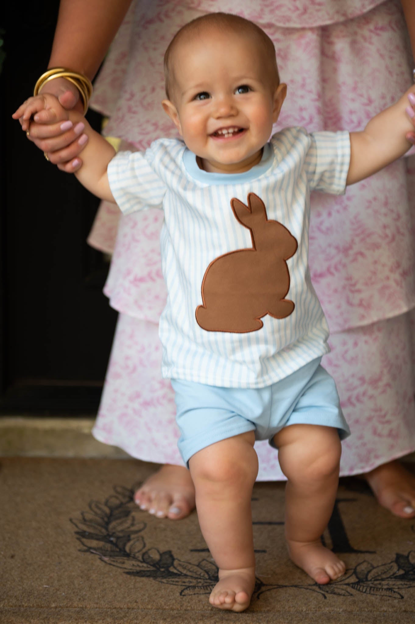 Boys Blue Striped Easter Bunny Shorts Set