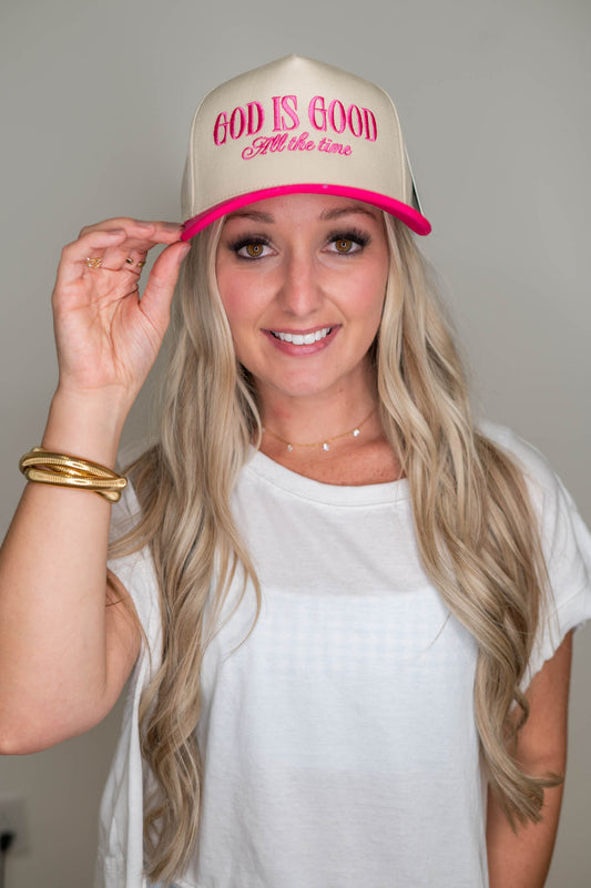 God Is Good All The Time Pink Embroidered Hat