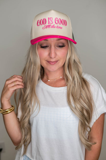 God Is Good All The Time Pink Embroidered Hat