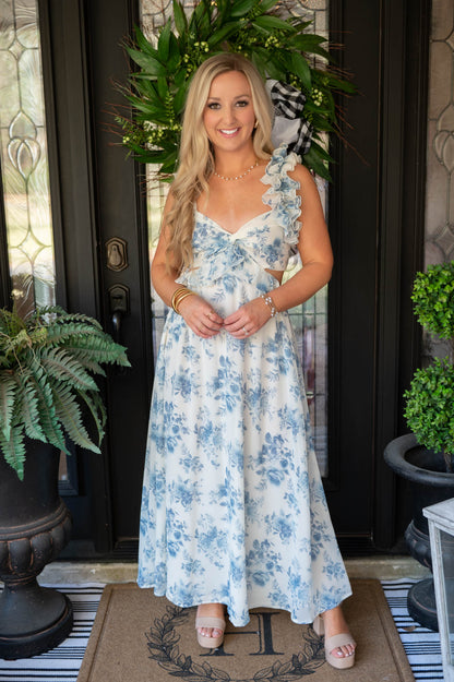 Blue Floral Ruffle Maxi Dress