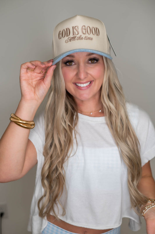 God Is Good All The Time Denim Embroidered Hat