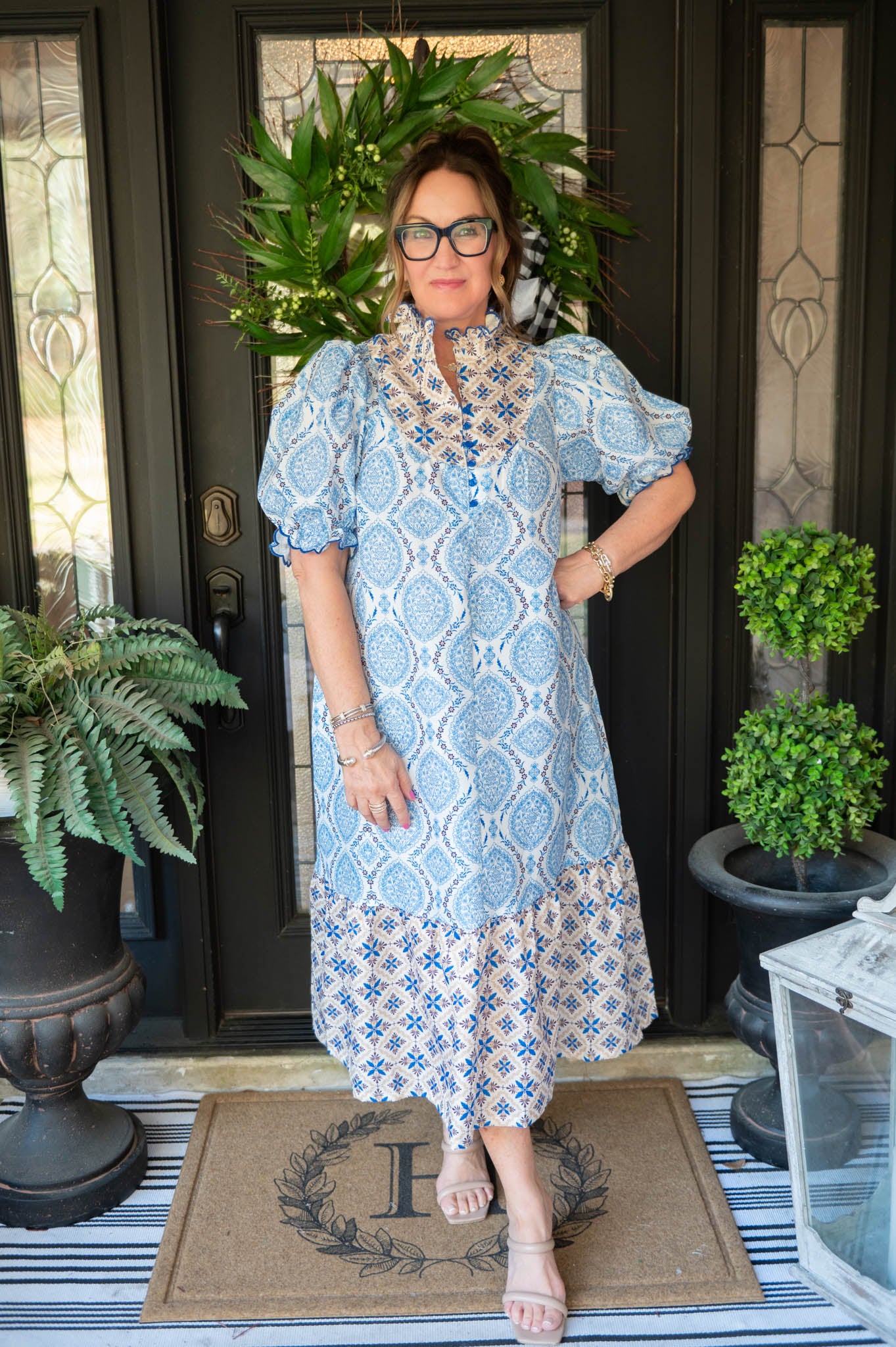 Blue Floral Printed Midi Dress