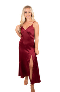 Burgundy Satin Midi Dress