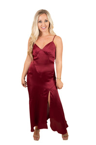 Burgundy Satin Midi Dress