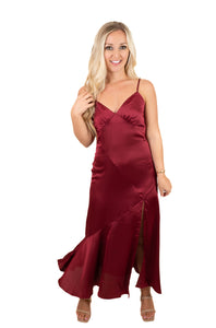 Burgundy Satin Midi Dress