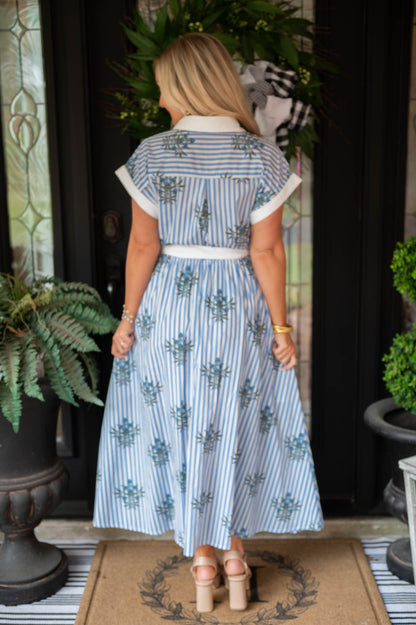Blue Floral Block Print Midi Dress