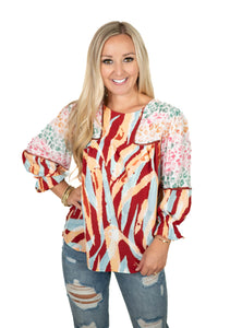 Wine Mixed Print Top