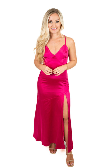 Fuchsia Satin Maxi Dress