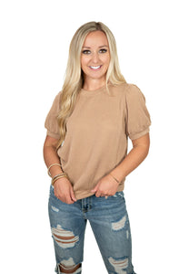 Taupe Puff Sleeve Ribbed Top