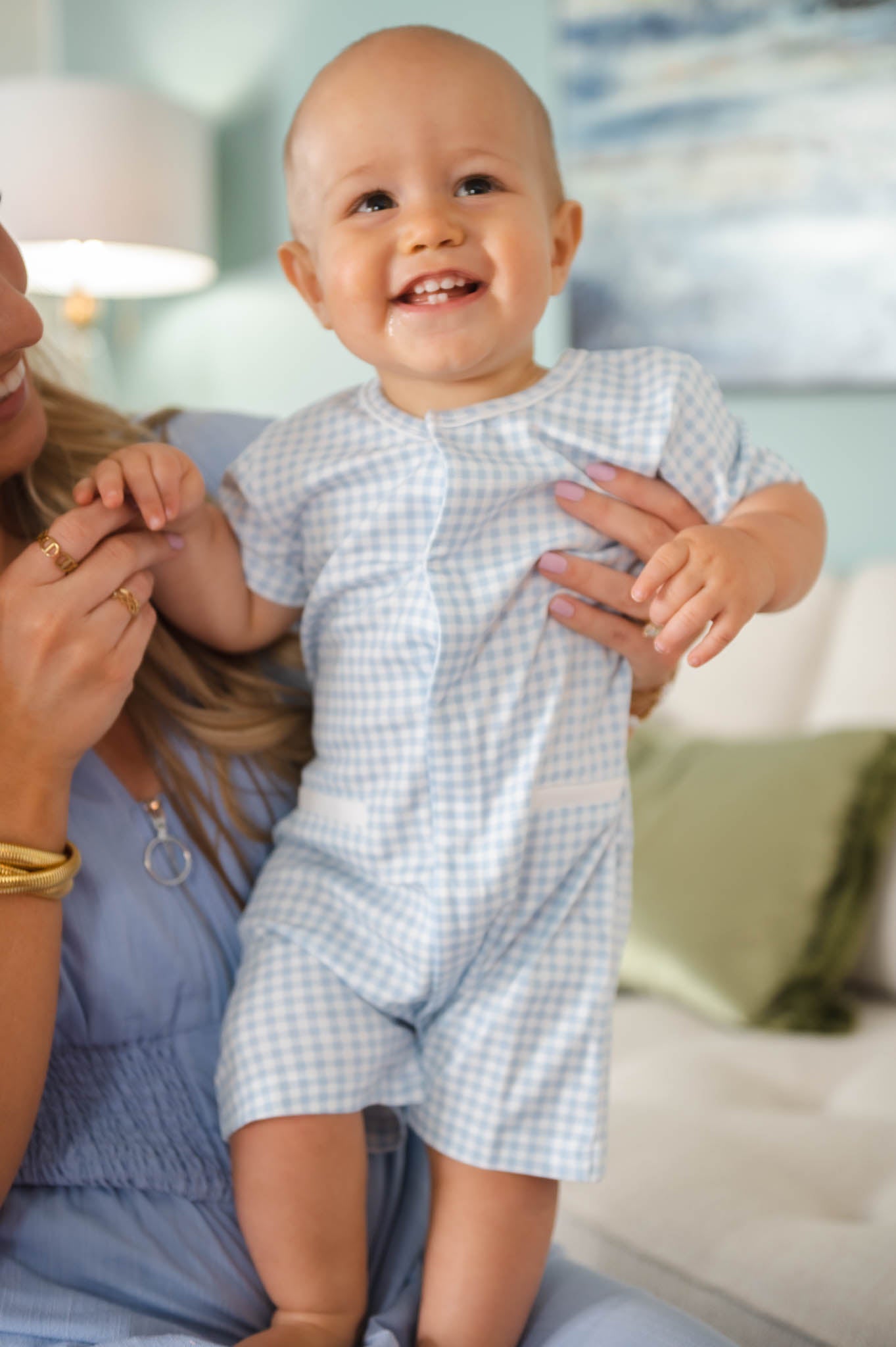 Blue Mini Checker Print Romper